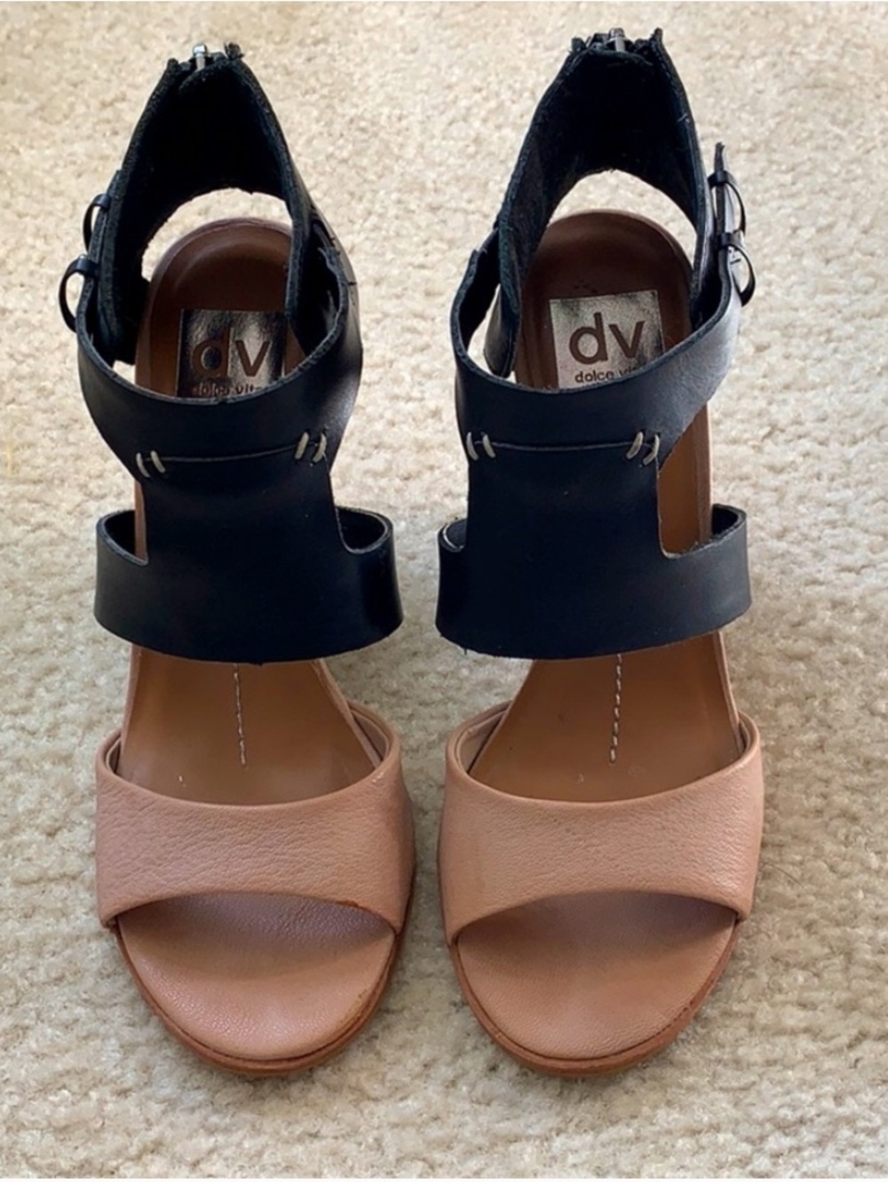 DV by Dolce Vita Black and Nude Two-Tone Leather Heeled Sandals